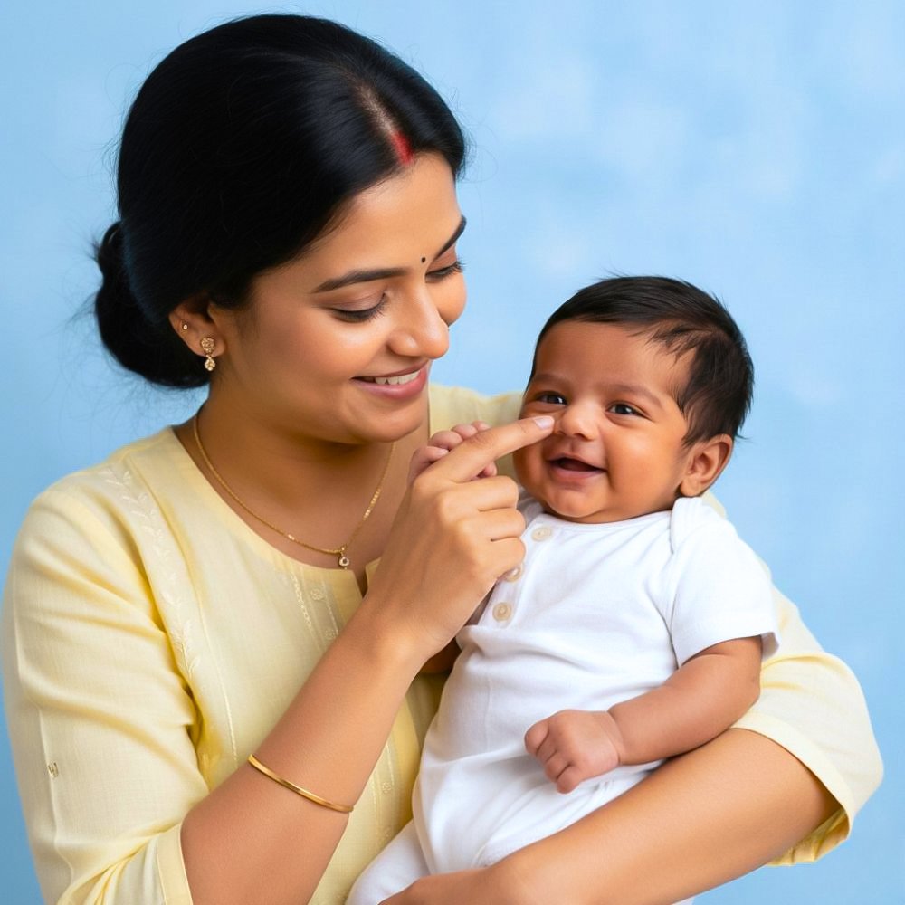 Smiling Indian mother holding her newborn baby, highlighting safe maternity and newborn care at Blossom Hospital Ranchi