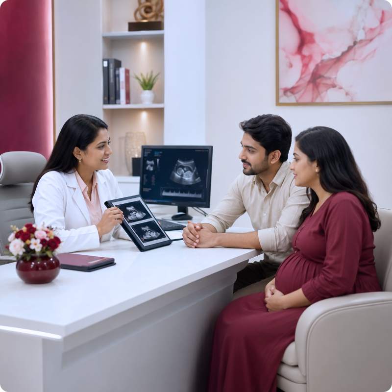 Fetal medicine specialist explaining pregnancy scan reports to an expectant Indian couple at Blossom Ranchi