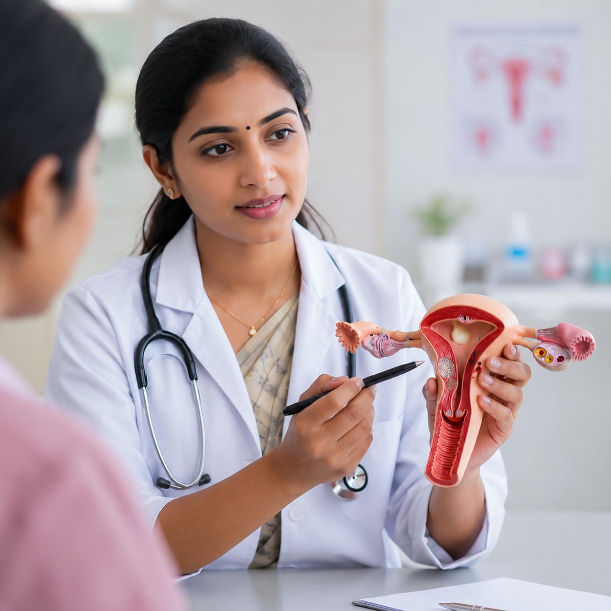 Indian doctor explaining PCOS and irregular period treatment to a female patient in Ranchi