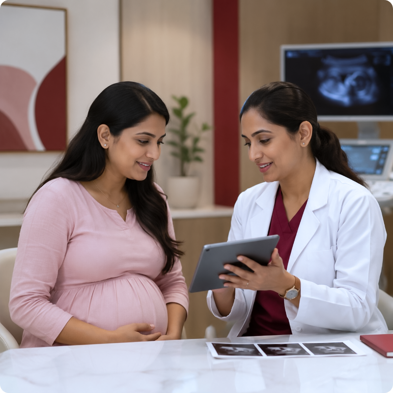 Indian fetal medicine doctor discussing pregnancy scan reports with an expectant mother at Blossom Maternity and Child Care Hospital Ranchi