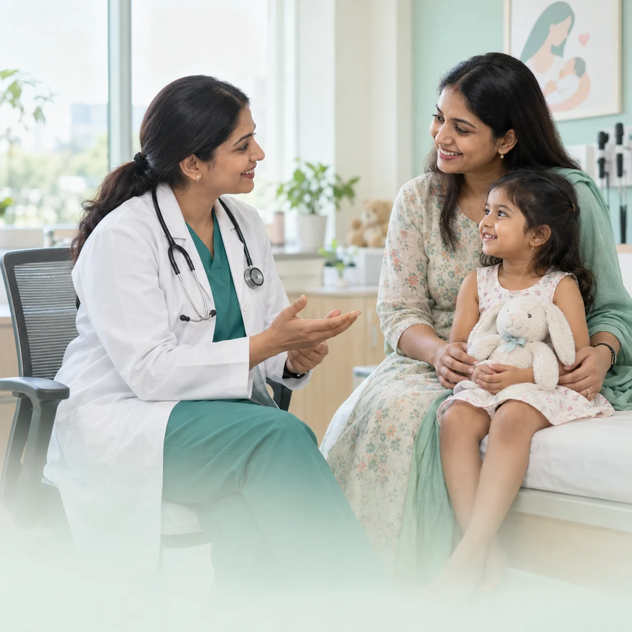 Indian doctor speaking with a mother and child at Blossom Maternity and Child Care Hospital in Ranchi