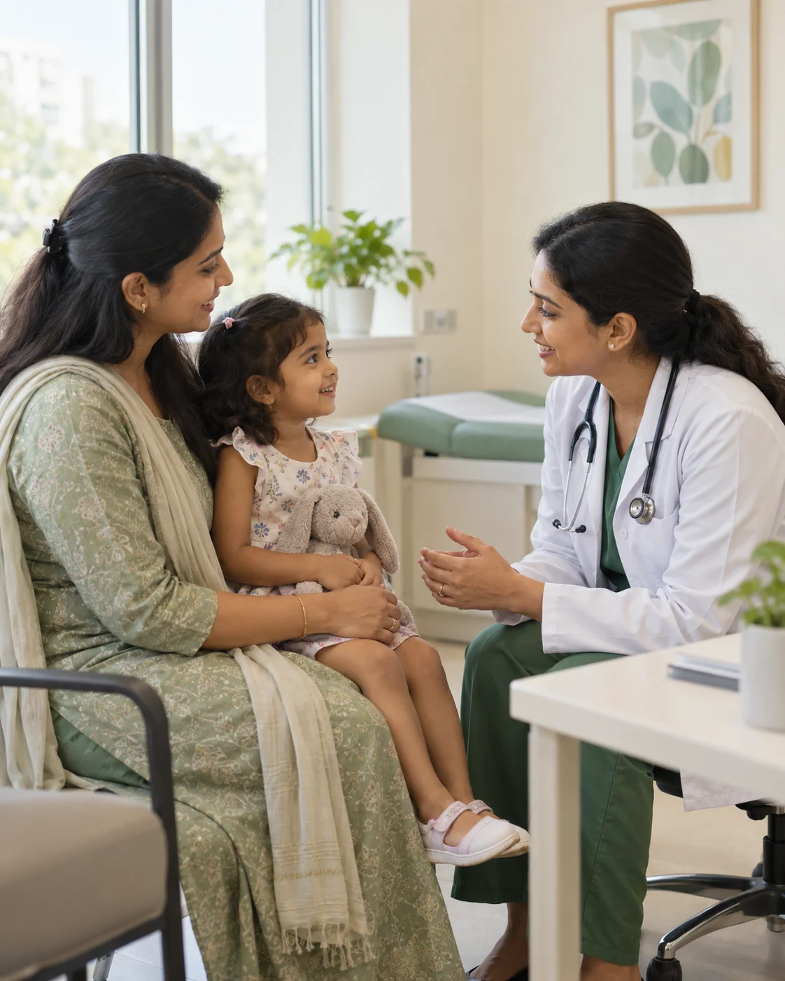 A doctor speaking with a mother at Blossom Hospital