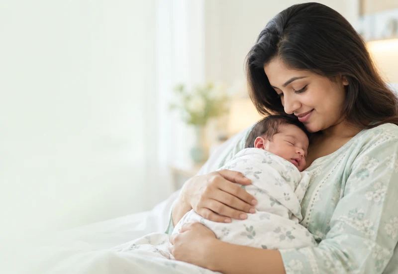Mother holding her newborn baby at Blossom Maternity and Child Care Hospital in Ranchi
